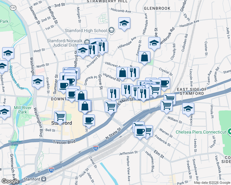 map of restaurants, bars, coffee shops, grocery stores, and more near 44 Pleasant Street in Stamford