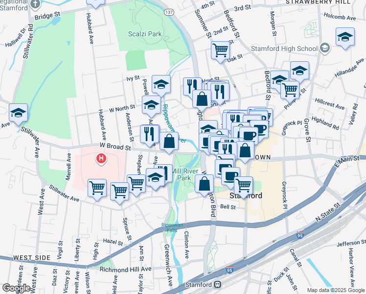 map of restaurants, bars, coffee shops, grocery stores, and more near 9 West Broad Street in Stamford