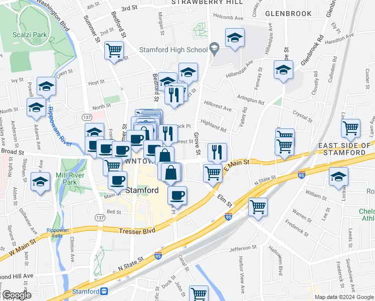 map of restaurants, bars, coffee shops, grocery stores, and more near 200 Parc Grove in Stamford