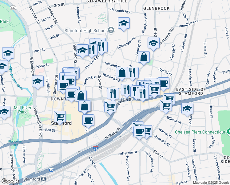 map of restaurants, bars, coffee shops, grocery stores, and more near 164 Forest Street in Stamford