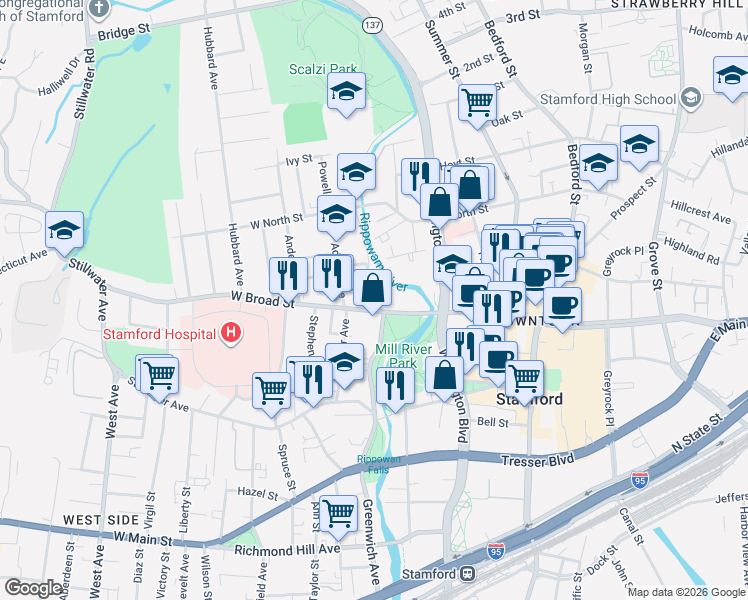 map of restaurants, bars, coffee shops, grocery stores, and more near 28 Hanrahan Street in Stamford