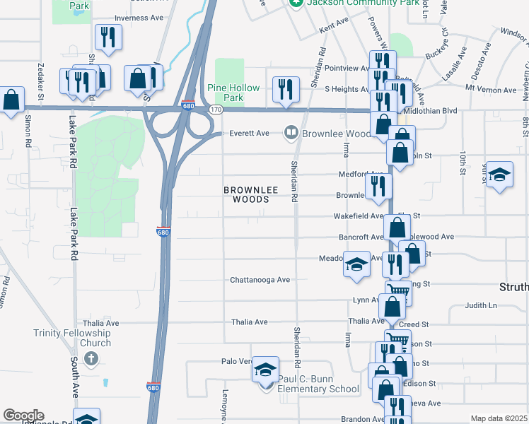 map of restaurants, bars, coffee shops, grocery stores, and more near 1653 Brownlee Avenue in Youngstown