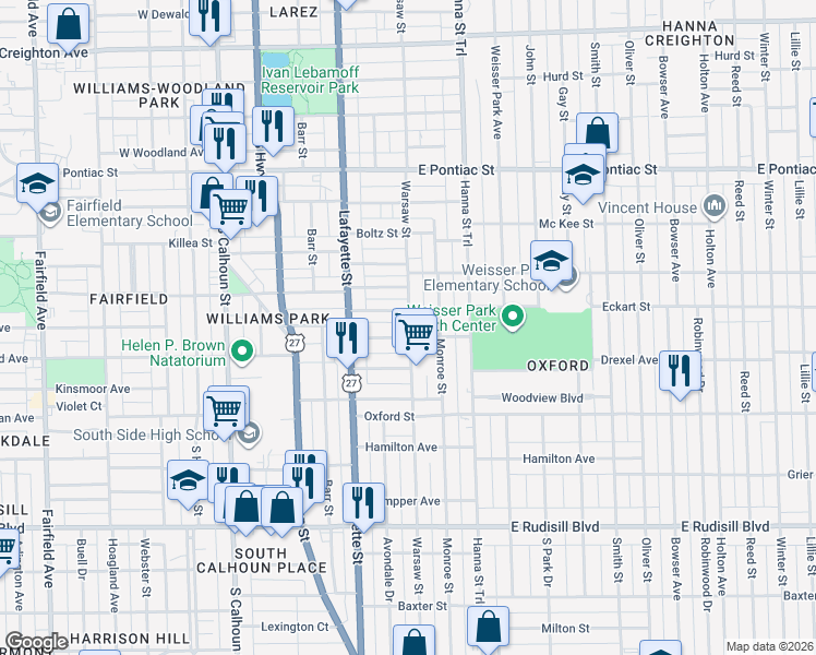 map of restaurants, bars, coffee shops, grocery stores, and more near 452 Eckart Street in Fort Wayne