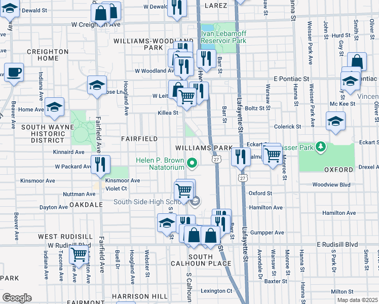 map of restaurants, bars, coffee shops, grocery stores, and more near 3115 South Calhoun Street in Fort Wayne