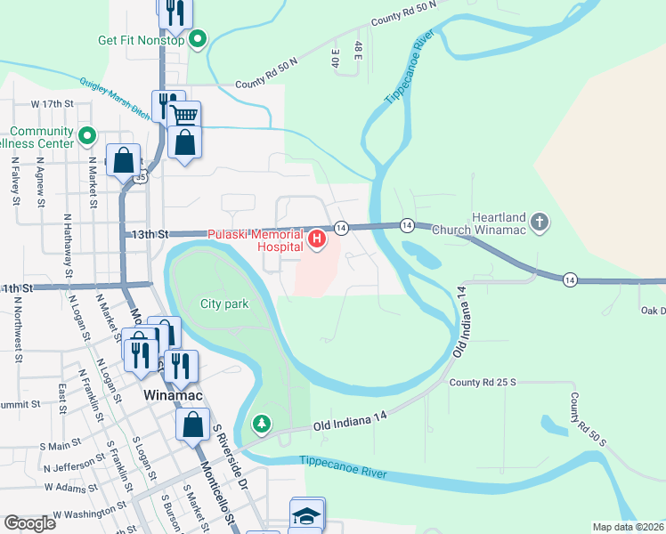 map of restaurants, bars, coffee shops, grocery stores, and more near 617 Oak Drive in Winamac