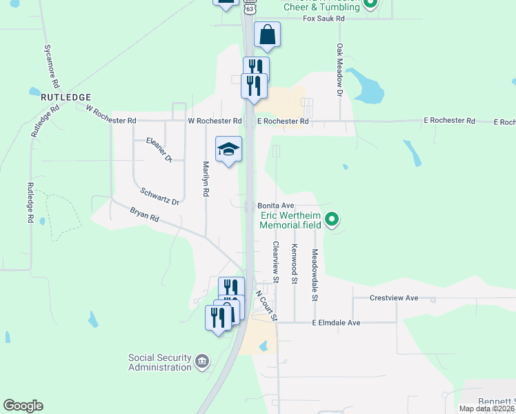 map of restaurants, bars, coffee shops, grocery stores, and more near 101-199 Bonita Avenue in Ottumwa