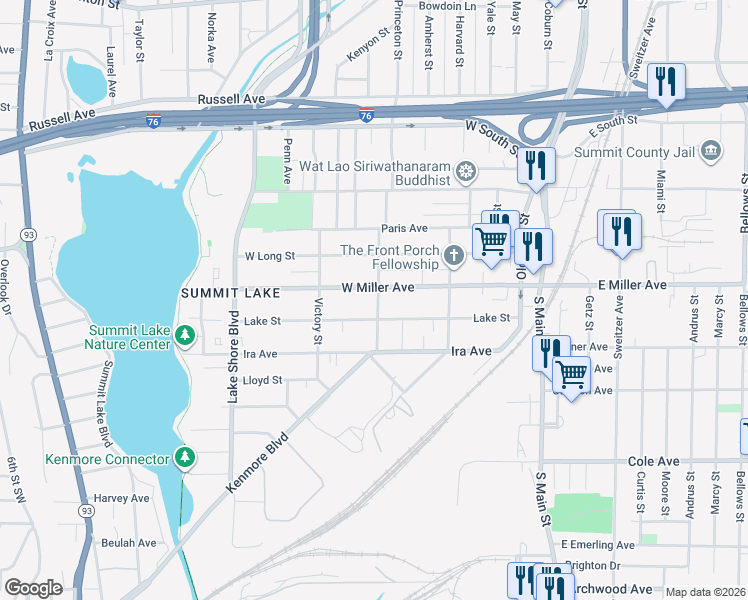 map of restaurants, bars, coffee shops, grocery stores, and more near 173 West Miller Avenue in Akron