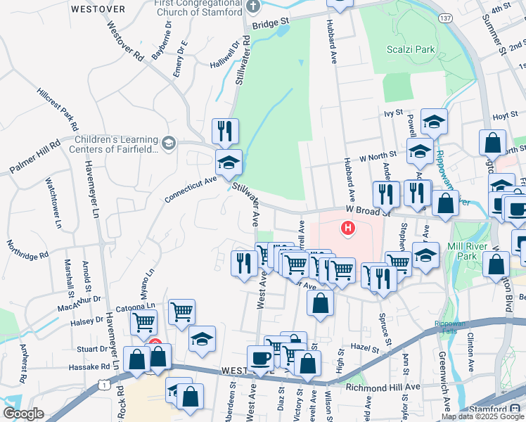 map of restaurants, bars, coffee shops, grocery stores, and more near 295 West Broad Street in Stamford