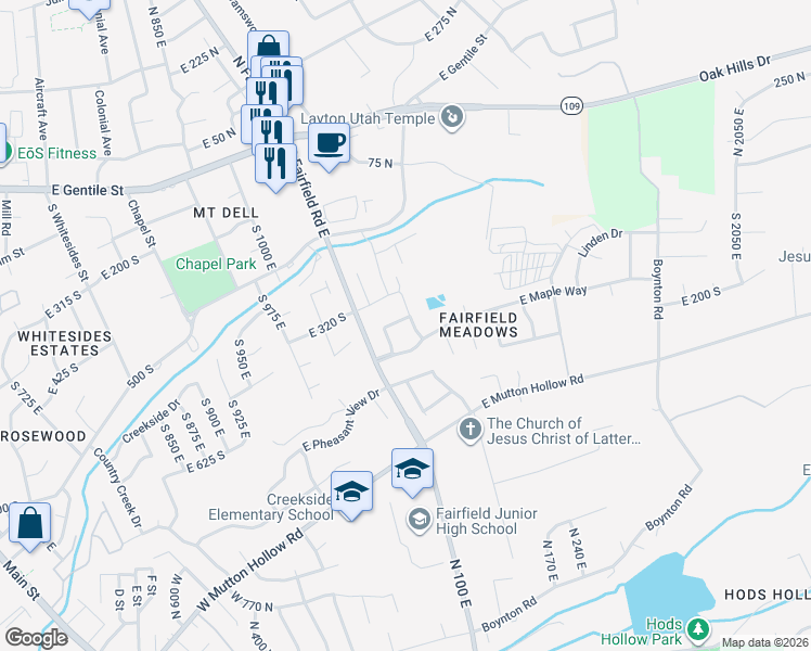 map of restaurants, bars, coffee shops, grocery stores, and more near 1368 East 275 South in Layton