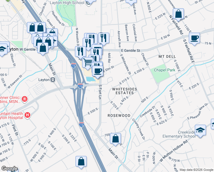 map of restaurants, bars, coffee shops, grocery stores, and more near 504 Twin Trees Lane in Layton