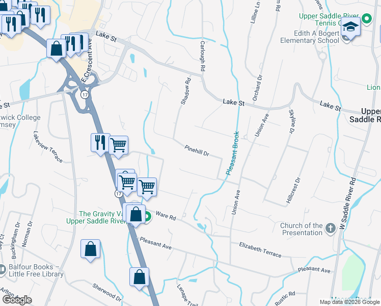 map of restaurants, bars, coffee shops, grocery stores, and more near 20 Pinehill Drive in Upper Saddle River