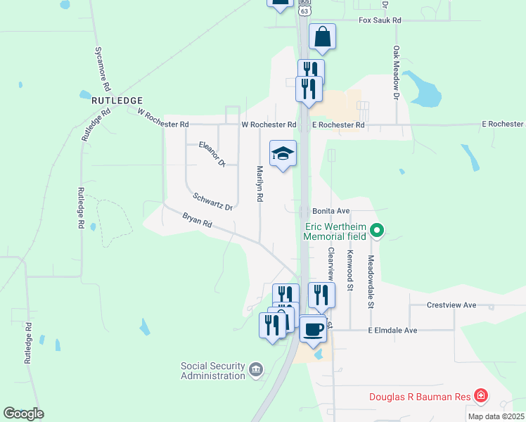map of restaurants, bars, coffee shops, grocery stores, and more near 2624 Marilyn Road in Ottumwa