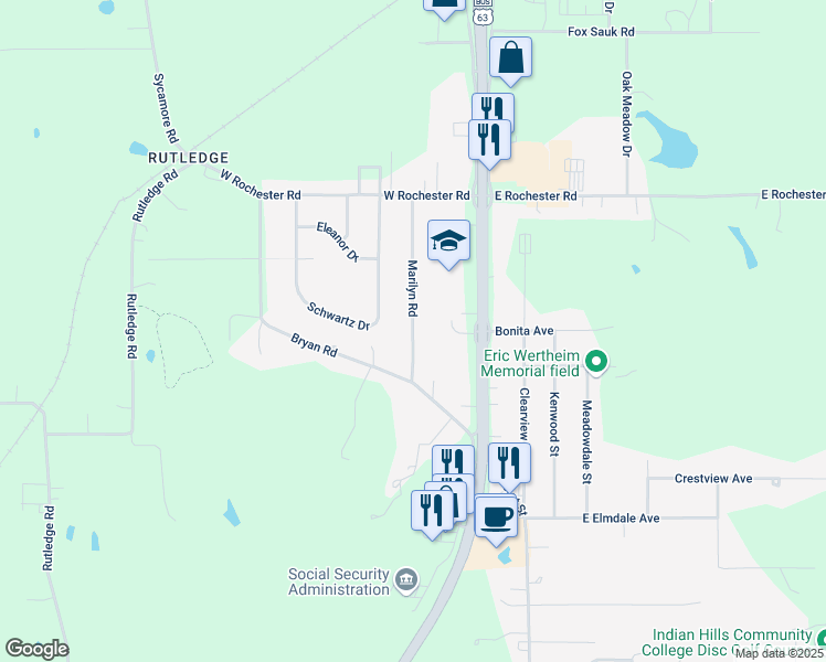 map of restaurants, bars, coffee shops, grocery stores, and more near 2624 Marilyn Road in Ottumwa