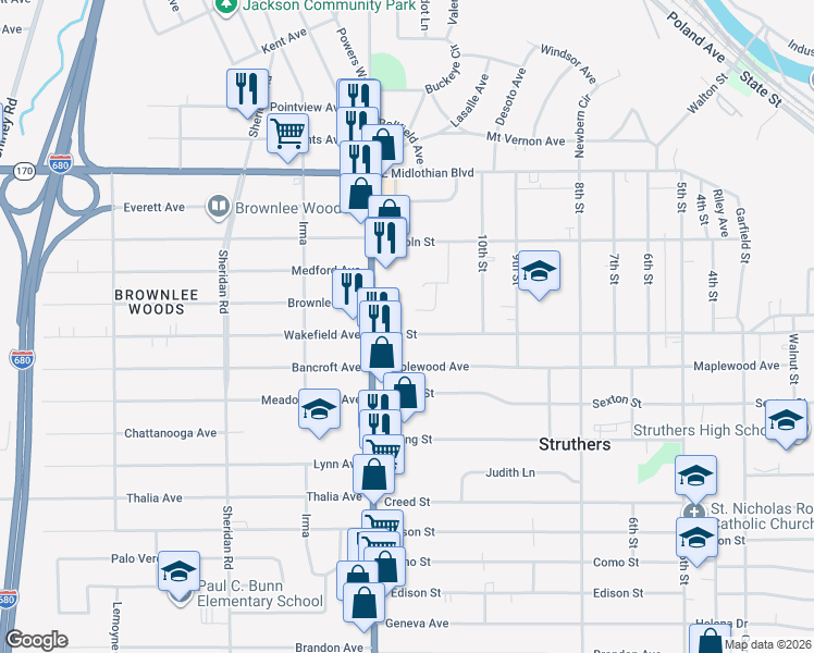 map of restaurants, bars, coffee shops, grocery stores, and more near 645 Elm Street in Struthers