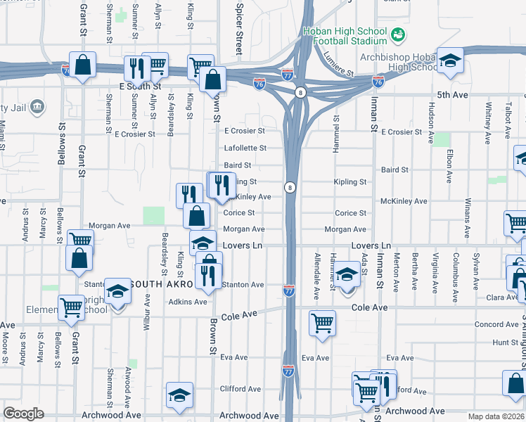 map of restaurants, bars, coffee shops, grocery stores, and more near 602 McKinley Avenue in Akron