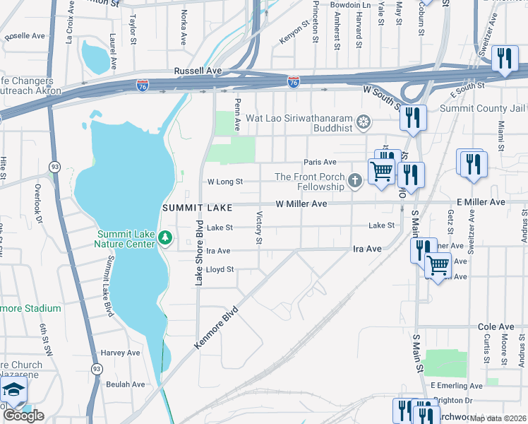 map of restaurants, bars, coffee shops, grocery stores, and more near 211 West Miller Avenue in Akron