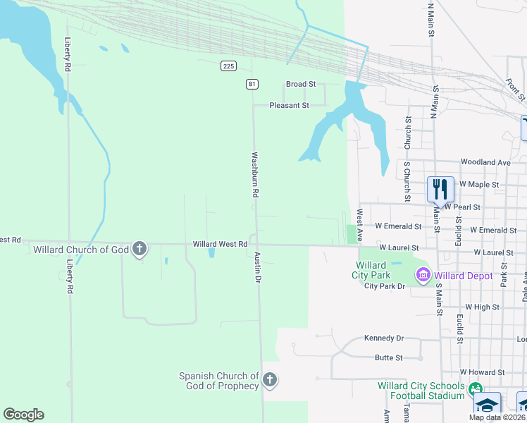 map of restaurants, bars, coffee shops, grocery stores, and more near 3144 Washburn Road in Willard