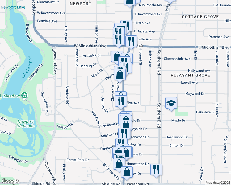 map of restaurants, bars, coffee shops, grocery stores, and more near 4259 Chester Drive in Youngstown