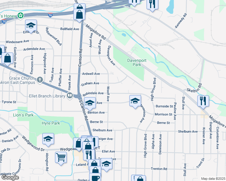 map of restaurants, bars, coffee shops, grocery stores, and more near 2596 Graham Avenue in Akron