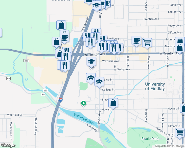 map of restaurants, bars, coffee shops, grocery stores, and more near 1200 Broad Avenue in Findlay