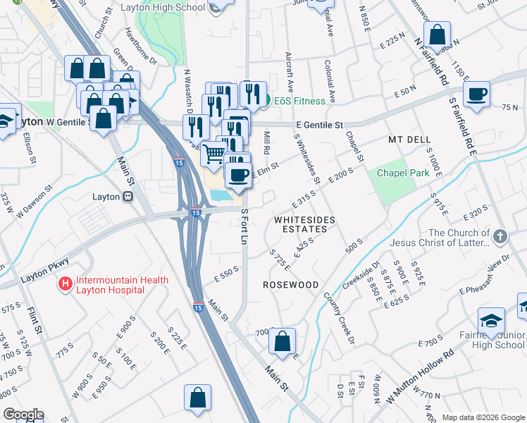 map of restaurants, bars, coffee shops, grocery stores, and more near 499 Twin Trees Lane in Layton