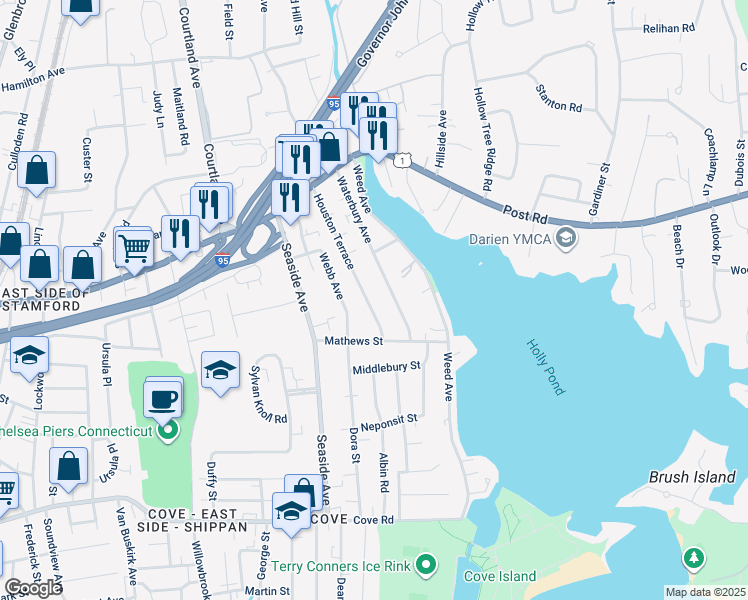 map of restaurants, bars, coffee shops, grocery stores, and more near 104 Houston Terrace in Stamford