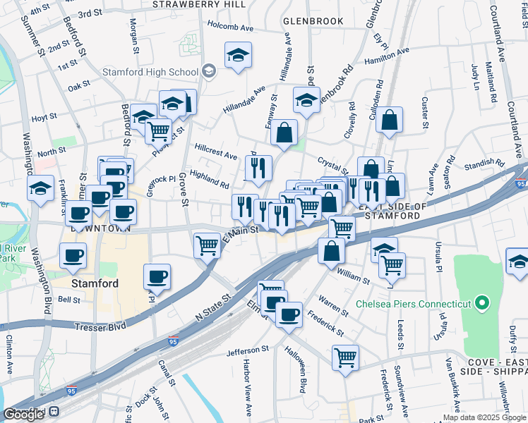 map of restaurants, bars, coffee shops, grocery stores, and more near 39 Glenbrook Road in Stamford