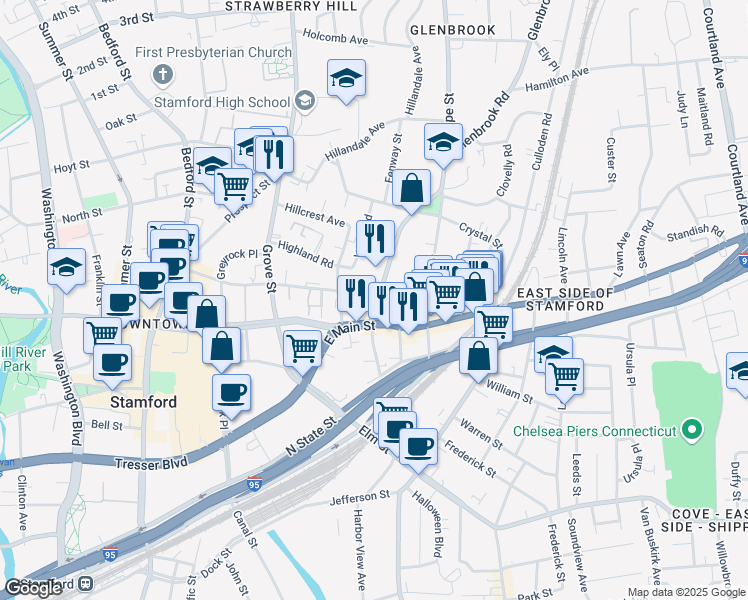 map of restaurants, bars, coffee shops, grocery stores, and more near 30 Glenbrook Road in Stamford