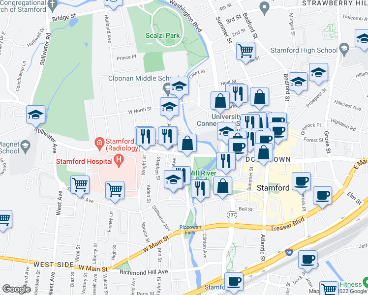 map of restaurants, bars, coffee shops, grocery stores, and more near 28 Hanrahan Street in Stamford