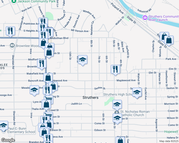 map of restaurants, bars, coffee shops, grocery stores, and more near 533 8th Street in Struthers