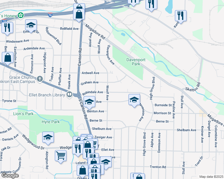 map of restaurants, bars, coffee shops, grocery stores, and more near 2596 Graham Avenue in Akron