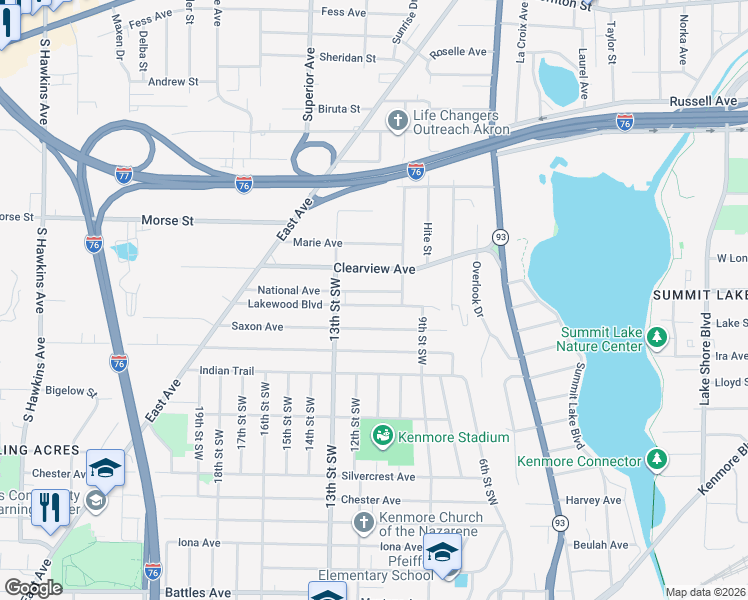 map of restaurants, bars, coffee shops, grocery stores, and more near 803 National Avenue in Akron
