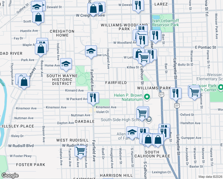 map of restaurants, bars, coffee shops, grocery stores, and more near 337 West Wildwood Avenue in Fort Wayne