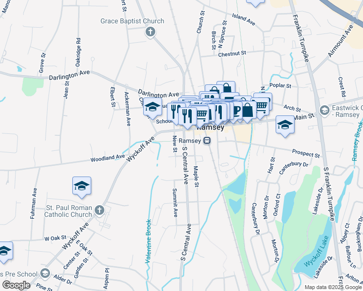 map of restaurants, bars, coffee shops, grocery stores, and more near 29 South Central Avenue in Ramsey