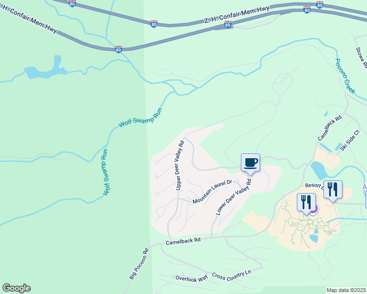 map of restaurants, bars, coffee shops, grocery stores, and more near 202 Upper Deer Valley Road in Tannersville