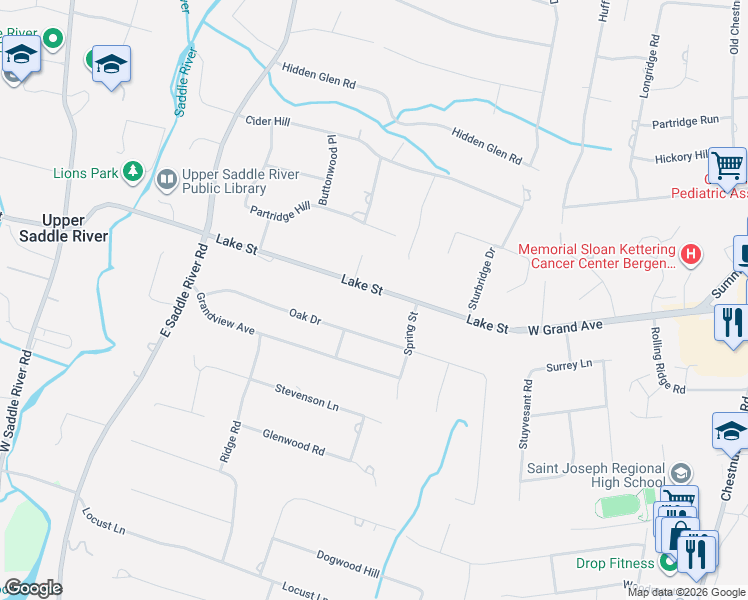 map of restaurants, bars, coffee shops, grocery stores, and more near 324 Lake Street in Upper Saddle River