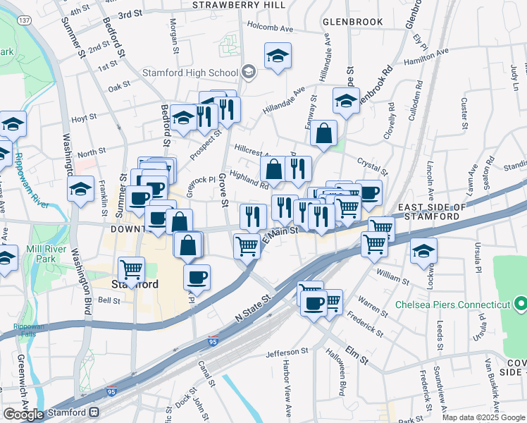 map of restaurants, bars, coffee shops, grocery stores, and more near 164 Forest Street in Stamford