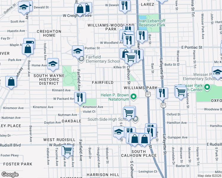 map of restaurants, bars, coffee shops, grocery stores, and more near 3115 Webster Street in Fort Wayne