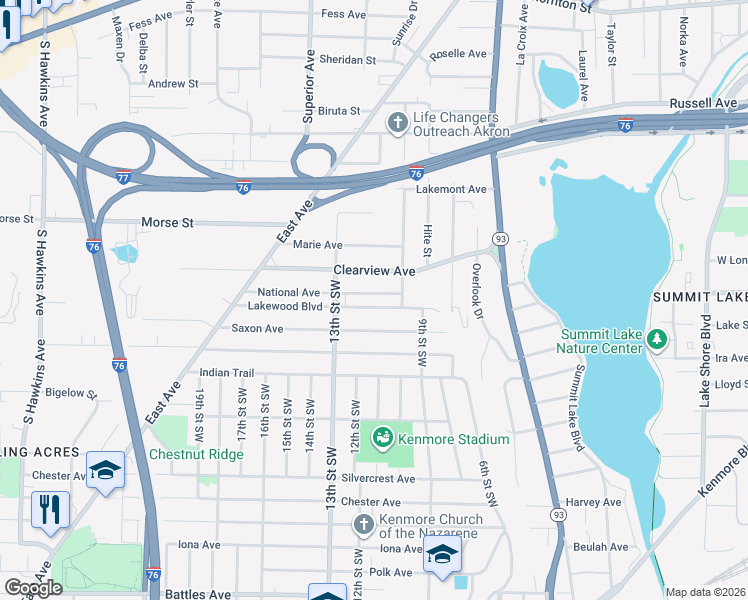 map of restaurants, bars, coffee shops, grocery stores, and more near 803 National Avenue in Akron
