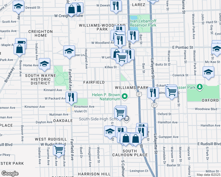 map of restaurants, bars, coffee shops, grocery stores, and more near 3128 Harrison Street in Fort Wayne