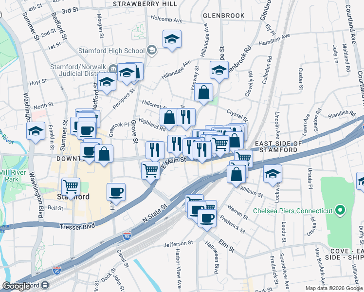 map of restaurants, bars, coffee shops, grocery stores, and more near 30 Glenbrook Road in Stamford