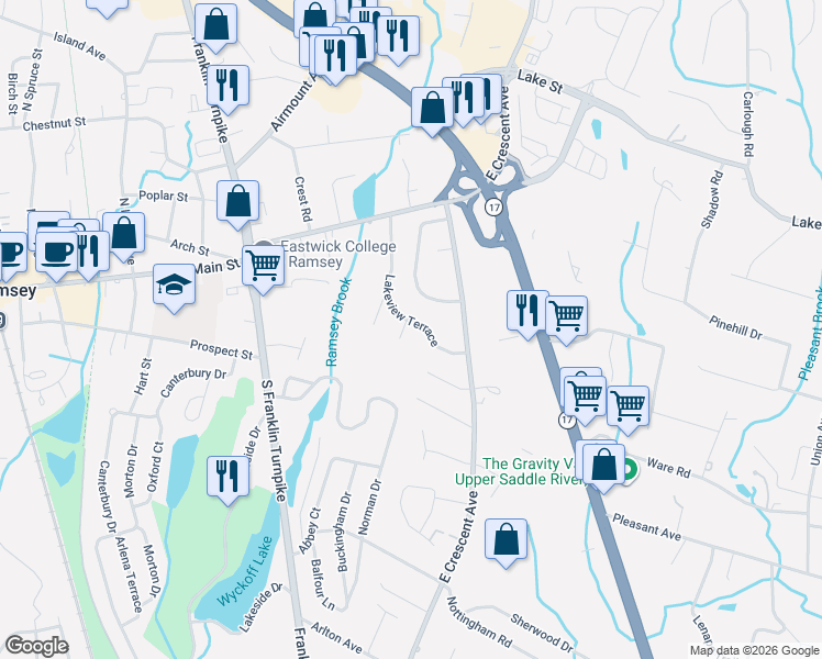 map of restaurants, bars, coffee shops, grocery stores, and more near 100 Lakeview Terrace in Ramsey