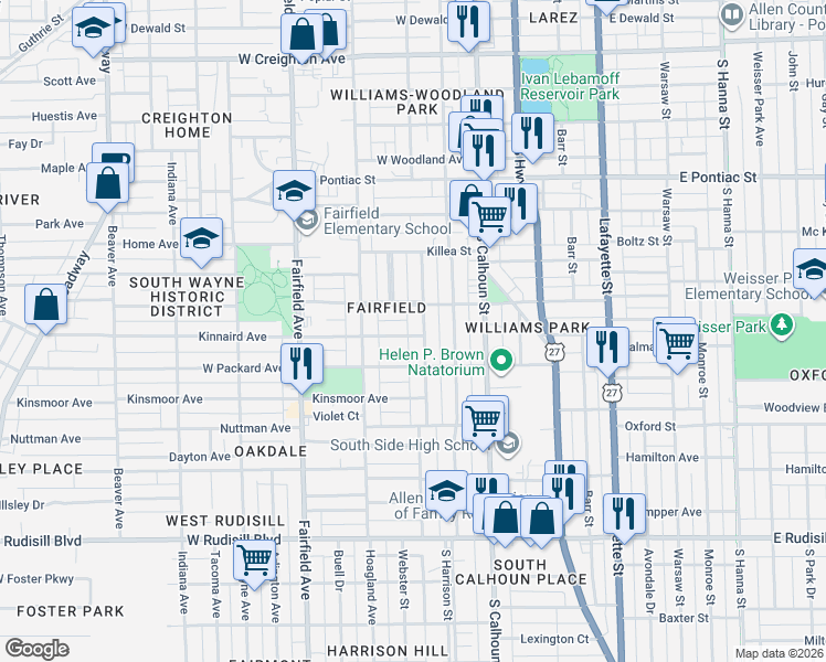 map of restaurants, bars, coffee shops, grocery stores, and more near 3115 Webster Street in Fort Wayne