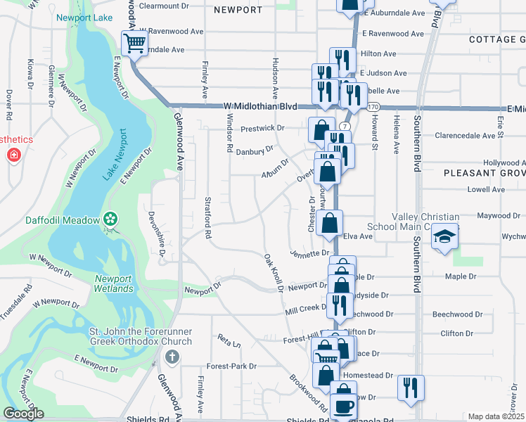 map of restaurants, bars, coffee shops, grocery stores, and more near Overhill Road in Boardman