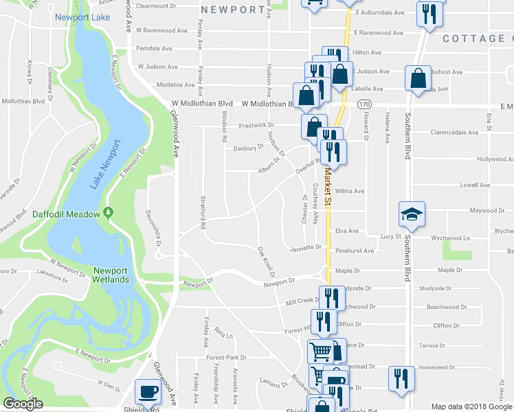 map of restaurants, bars, coffee shops, grocery stores, and more near Overhill Road in Boardman