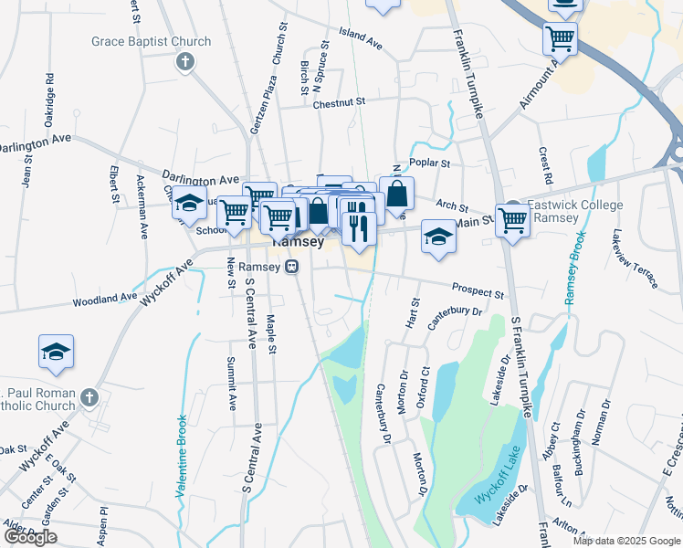 map of restaurants, bars, coffee shops, grocery stores, and more near 50 South Spruce Street in Ramsey