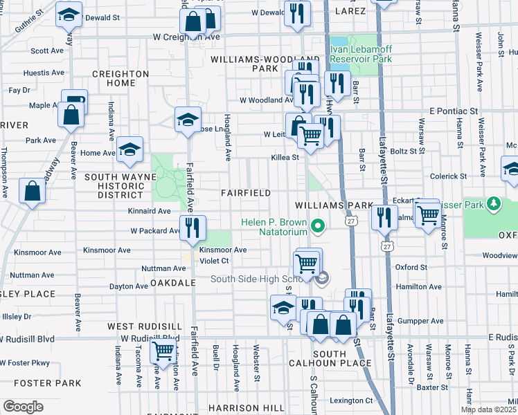 map of restaurants, bars, coffee shops, grocery stores, and more near 312 Kinnaird Avenue in Fort Wayne