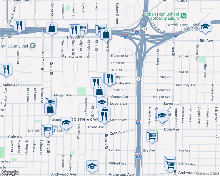 map of restaurants, bars, coffee shops, grocery stores, and more near 935 Brown Street in Akron