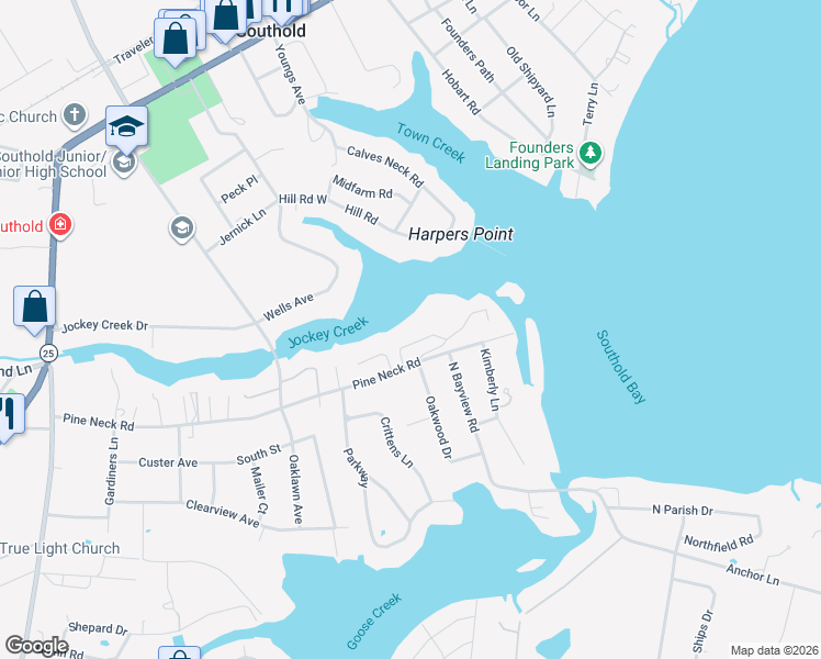 map of restaurants, bars, coffee shops, grocery stores, and more near 375 Lighthouse Lane in Southold