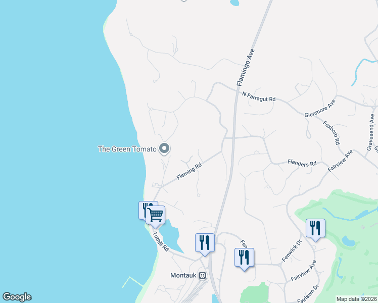 map of restaurants, bars, coffee shops, grocery stores, and more near 30 Upper Firestone Road in Montauk